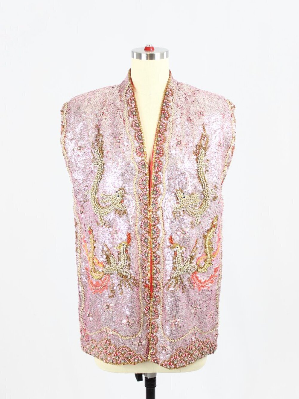 Vintage 50's Chinese Pink Red Beaded Sequin Dragon Phoenix Silk Wedding Vest